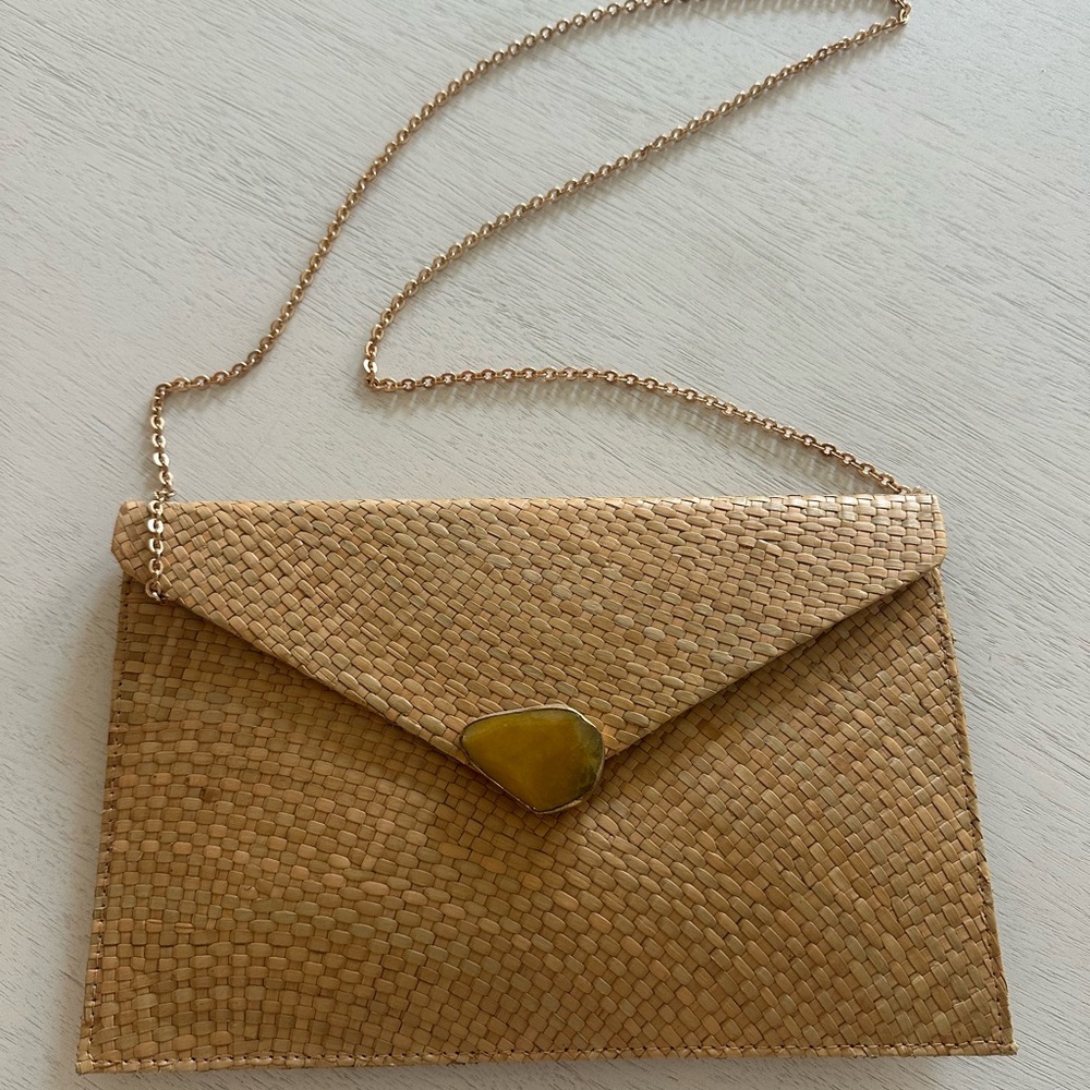 Kayu Woven Straw Clutch with Gold Chain